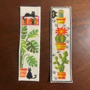 Cats, Books, and Cactus Completed Cross Stitch Bookmarks 8" Set of 2